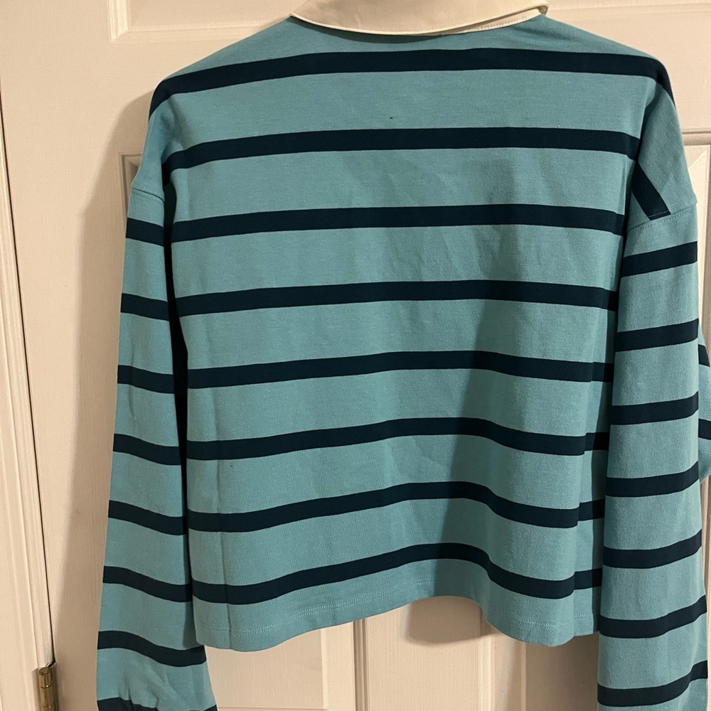 Champion Blue and Navy Striped Rugby cropped shirt tee size Medium - Picture 2 of 5